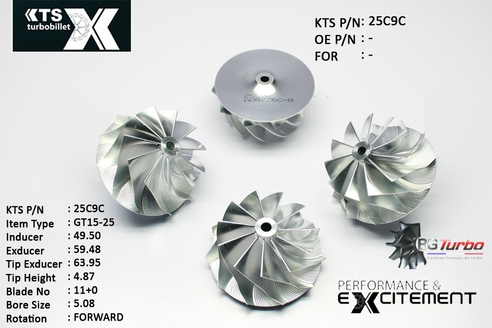 Turbo ROUE FORGÉE MFS PERFORMANCE - 11+0 PALES - INDUCER : 49,5 - EXDUCER : 59,48 - TYPE : GT15-25ANGLE : 60° - ROTATION : Forward - SUPER BACK : 3,68 - BORE SIZE : 5,08
